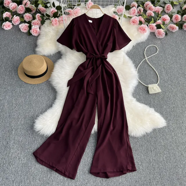 Retro Fashionable Temperament V neck Short sleeved Waist Jumpsuit Dark Red - Shop at LoveMi