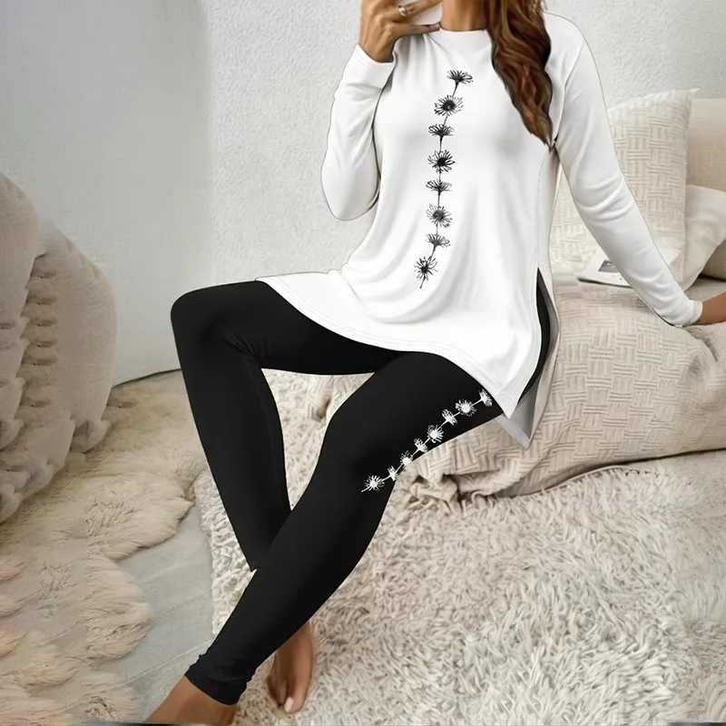 Women's Round Neck Printed Slit Long Sleeve Top & Long Pants Set - Casual Loungewear Outfit - Black