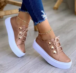 Lace-up Flats Sneakers Women Rivet Casual Shoes - Rose