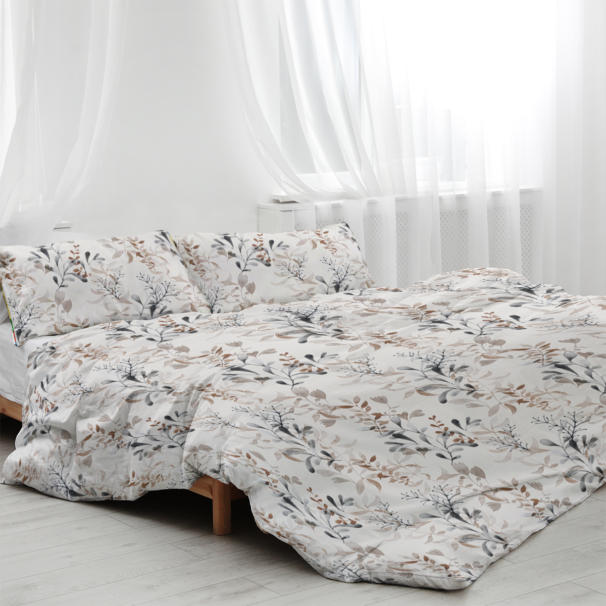 Grey 3 Pieces Grey Floral Duvet Cover Set, Botanical Bed In A Bag Brown Leaves Bedding Set Soft Microfiber 1 Bedding Set And 2 Pillow Shames