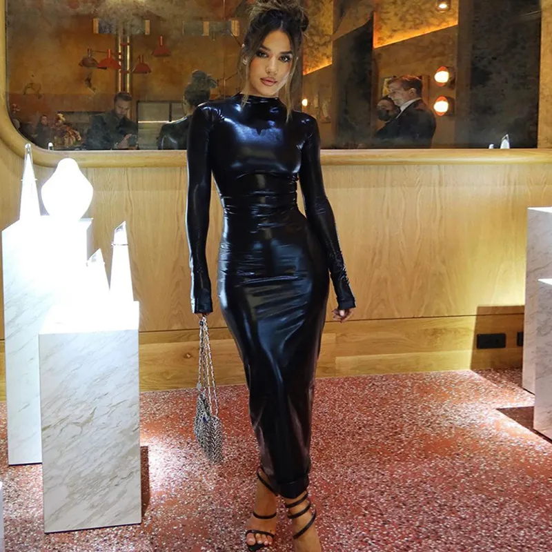 Leather Dark Solid Colour Slim Dress - Black