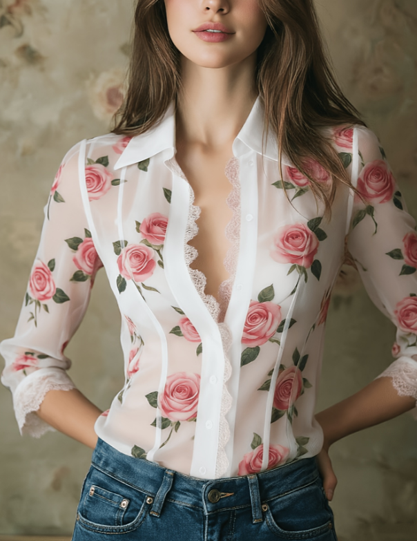 Lace V-neck Women's Long-sleeved Shirt