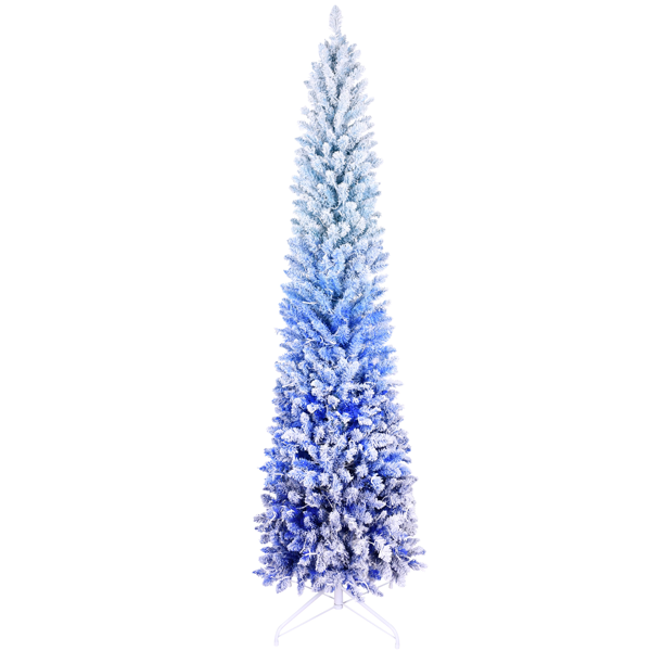 6FT Blue Gradient Flocked Pencil Christmas Tree with 200 Warm White LED Lights, 485 Tips, Hinged Branches, Slim Design, Metal Stand â€“ Narrow Prelit Tree for Holiday Home Decor-11