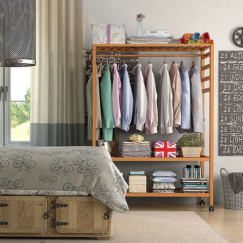 Heavy Duty Wooden Clothes Rail Rack Garment Hanging Stand Corner Open Wardrobe