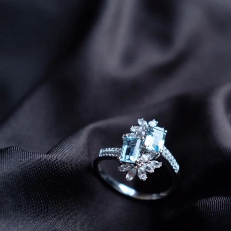 925 Sterling Silver Snowflake Ring, Fashion Unique Ins Style Aquamarine Ring, New Summer Adjustable Index Finger Ring