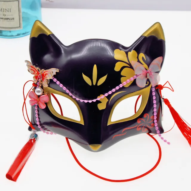Hand Painted Japanese Hefeng Fox Mask Half Face Black - Shop at LoveMi