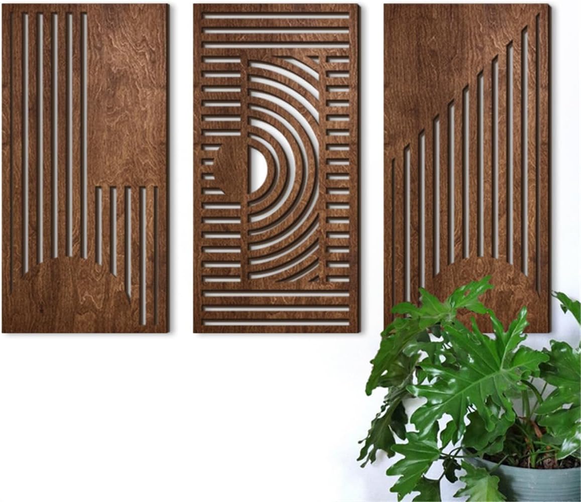 Geometric Wood Wall Art 3 Units, Minimalist 3D Hollow Carved Wall Panels For Living Room, Bedroom, Kitchen And Home Decor