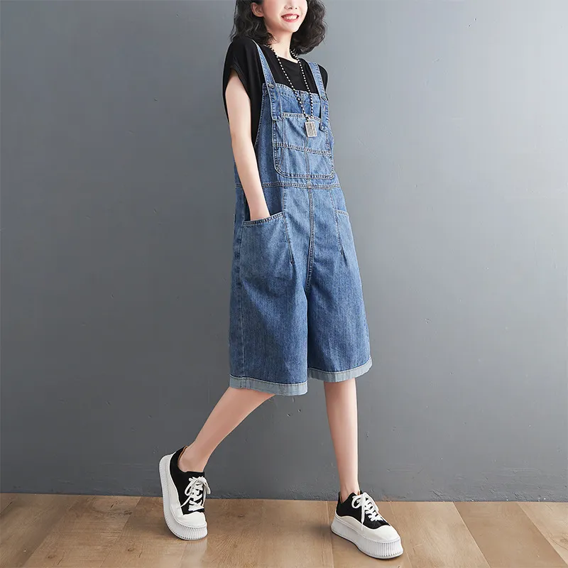 Women's Thin Fashion Casual Denim Overalls Shorts - Light Blue