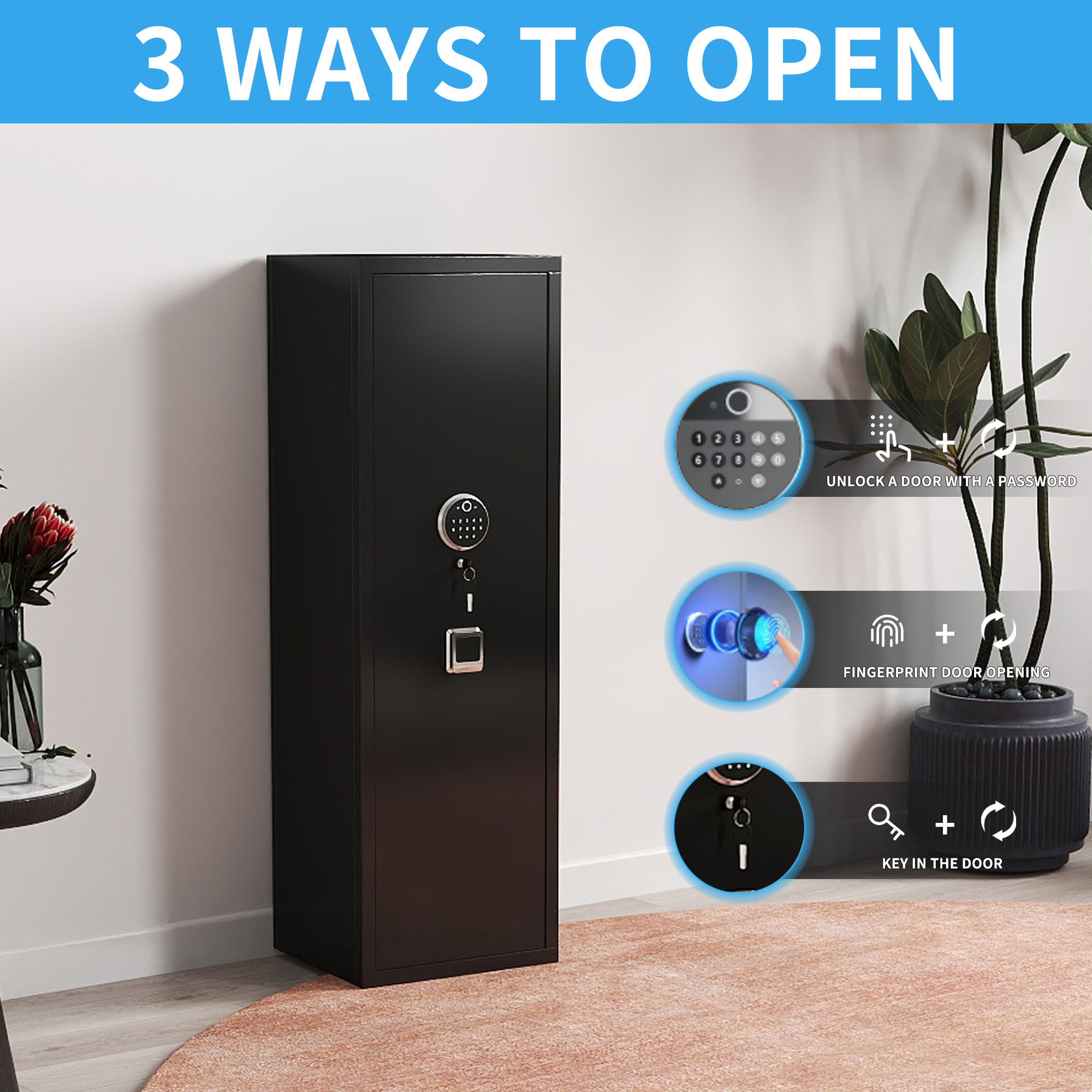 Household Rifle And Handgun Gun Safe, Fingerprint Electronic Safe, Quick Access, Detachable Partition, No Assembly Required, Black