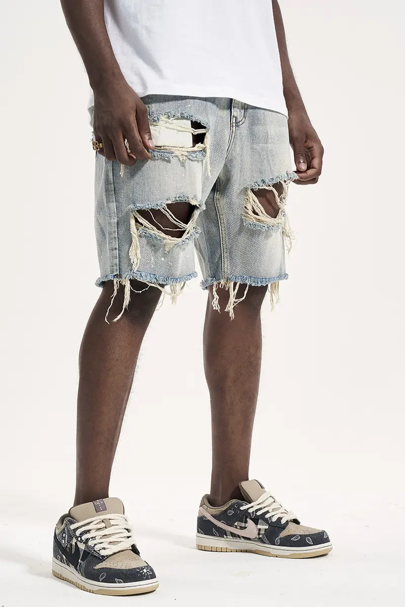 Men's Washed Water Ripped Denim Shorts