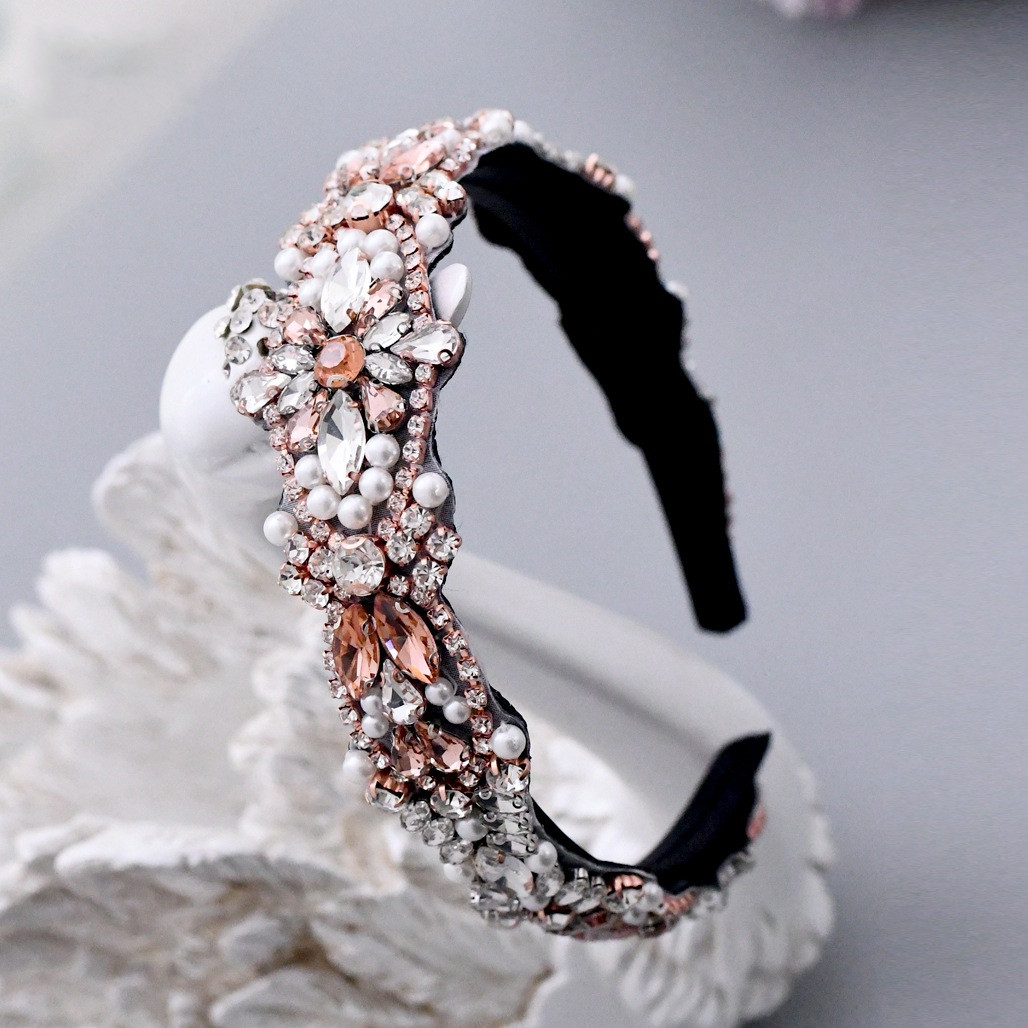 Solid Color Headband Headwear With Rose Gold Rhinestones Inlaid Stone Headband