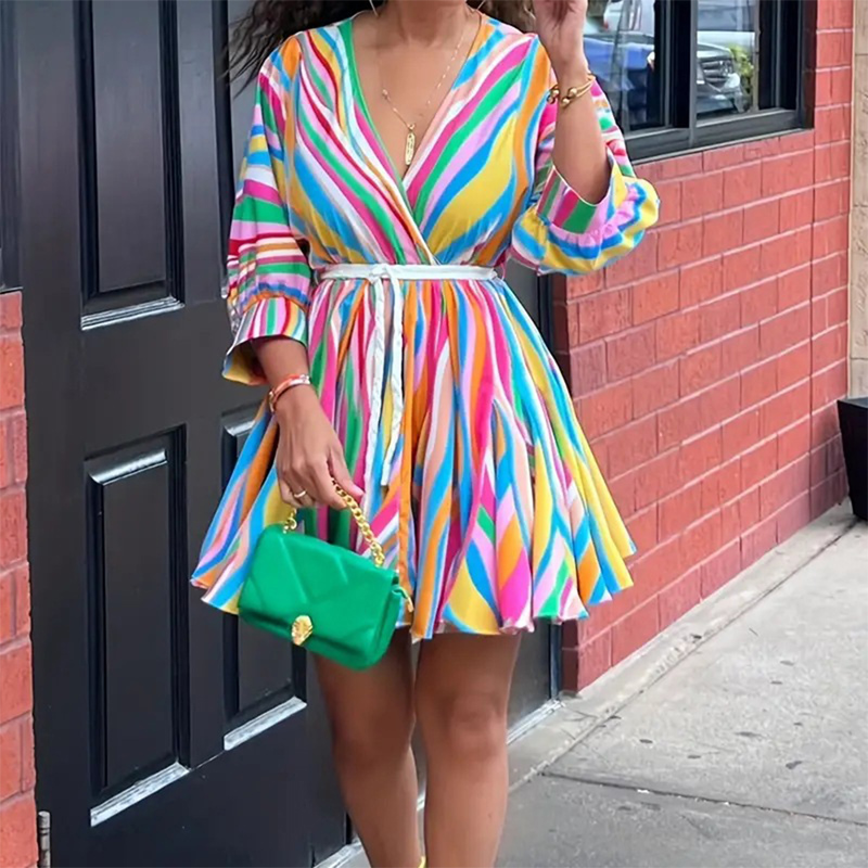Women's V Neck Rainbow Stripe Short Dress Three Quarters Sleeve Casual Summer Sundress With Tie Waist Multicolor - Shop at LoveMi