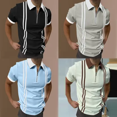 Zip Colorblock Striped Short Sleeve Men's Polo Shirt
