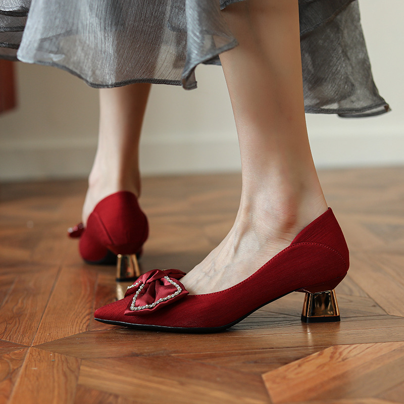 Women's Pointed Toe Chunky Heel Shoes With Rhinestone Bow High Heels