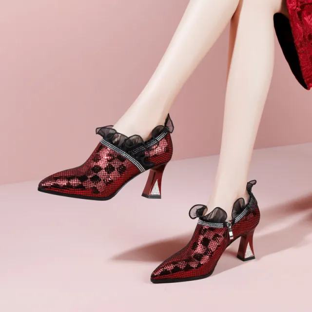 Women's Pointed Toe Chunky High Heel Lace Shoes Red - Shop at LoveMi