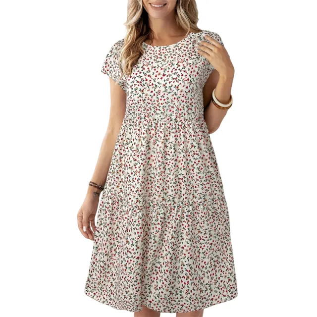 Women'S Boho Ditsy Floral Dress Floral Print A Line Dress, Loose Fit Knee Length For Party & Everyday Wear Putih Xxl - Shop at LoveMi