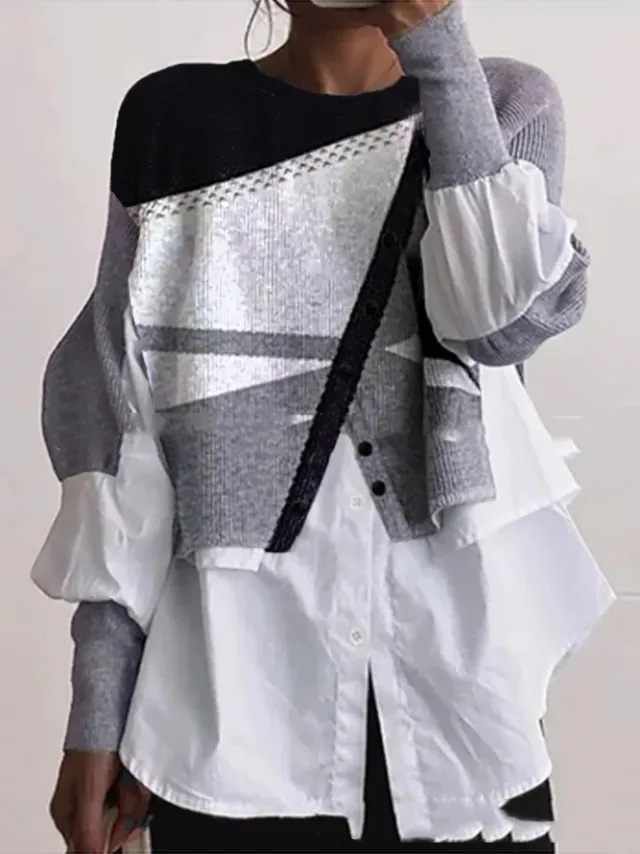 Crew Neck Long Sleeve Knitted Multi color Patchwork White Shirt Women's Print1 - Shop at LoveMi