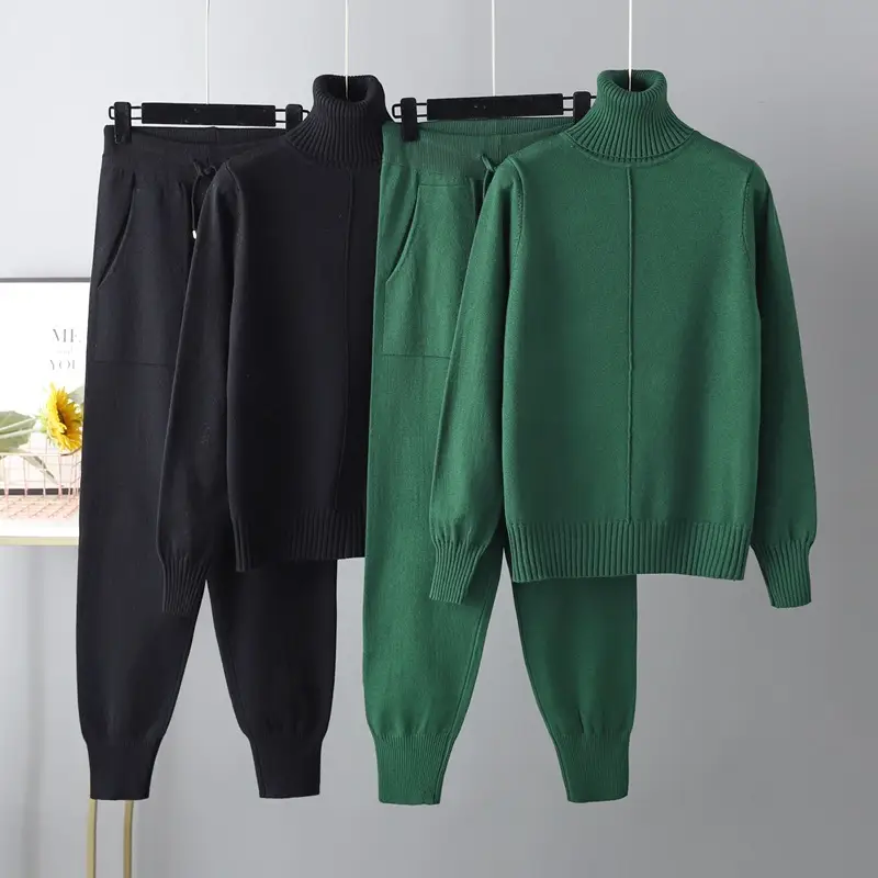 Casual Fashion Set autumn And Winter Cross-border Amazon European And American Turtleneck Solid Color Sweaters Two-piece Set