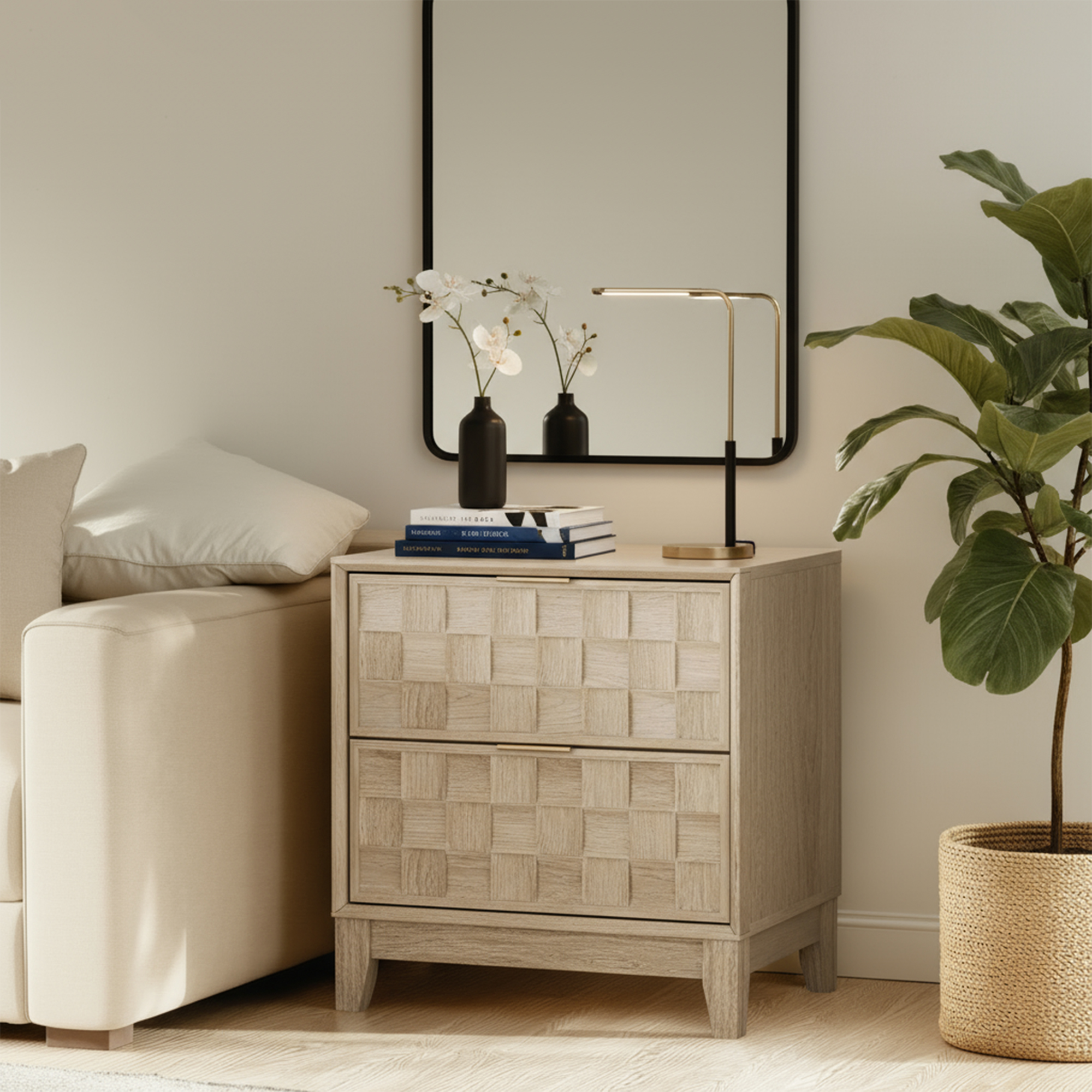Night Stand With Charging Station, Wooden Nightstand Bedside Table, 2 Drawers With Chessboard Relief And Charger, Oak