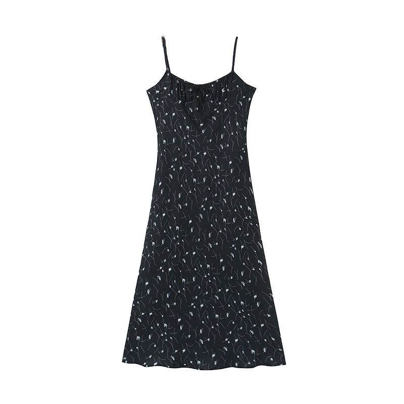 Little Moonlight Waist Lace Up Print Suspended Dress Black - Shop at LoveMi