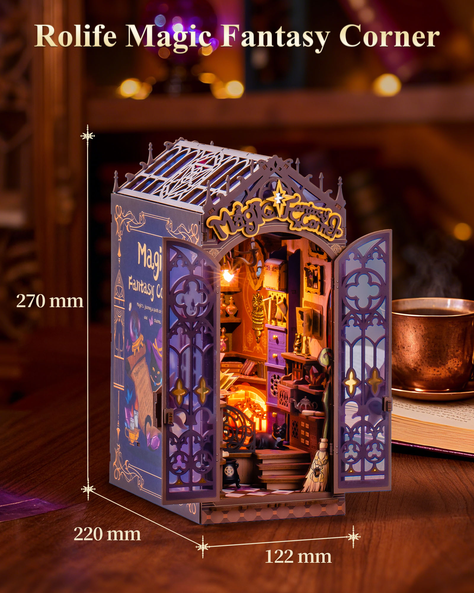 Rolife Magical Fantasy Corner Bookend DIY Set - 3D Wooden Miniature House, 3D Puzzle With Interactive LED Lights, 185 Pieces, Teen & Adult Bookshelf Decoration Gift