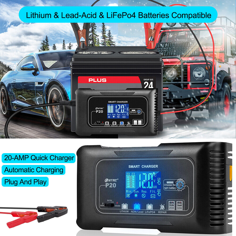 20A 12V 24V 20 Amp Car Battery Smart Charger For Lead Acid AGM LiFePo4 Battery