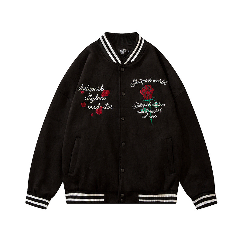 American Street Retro Rose Embroidered Baseball Jacket
