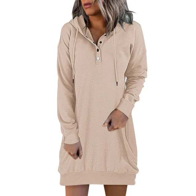 New Hot Fashion Women's Solid Hooded Drawstring Sweater Apricot - Shop at LoveMi