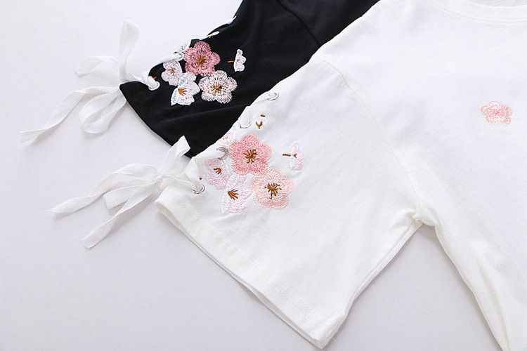 Title 8, Lace-up Flower Embroidery Cotton Loose Short-sl...