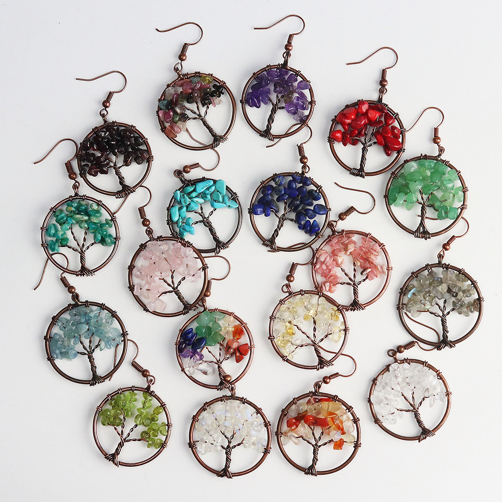 Crystal Gravel Bronze Wire Round Pendant Tree Of Life Earrings