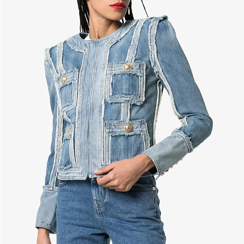 Denim Jacket With Fringe Stitching Lion Head Buckle - Photo Color