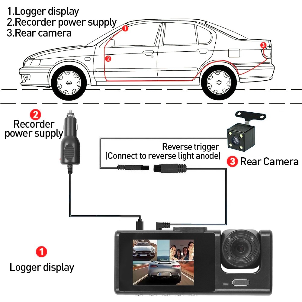 3 Lens Car Dash Cam Kit Front And Rear Camera HD Taxi DVR Security Recorder — image 7