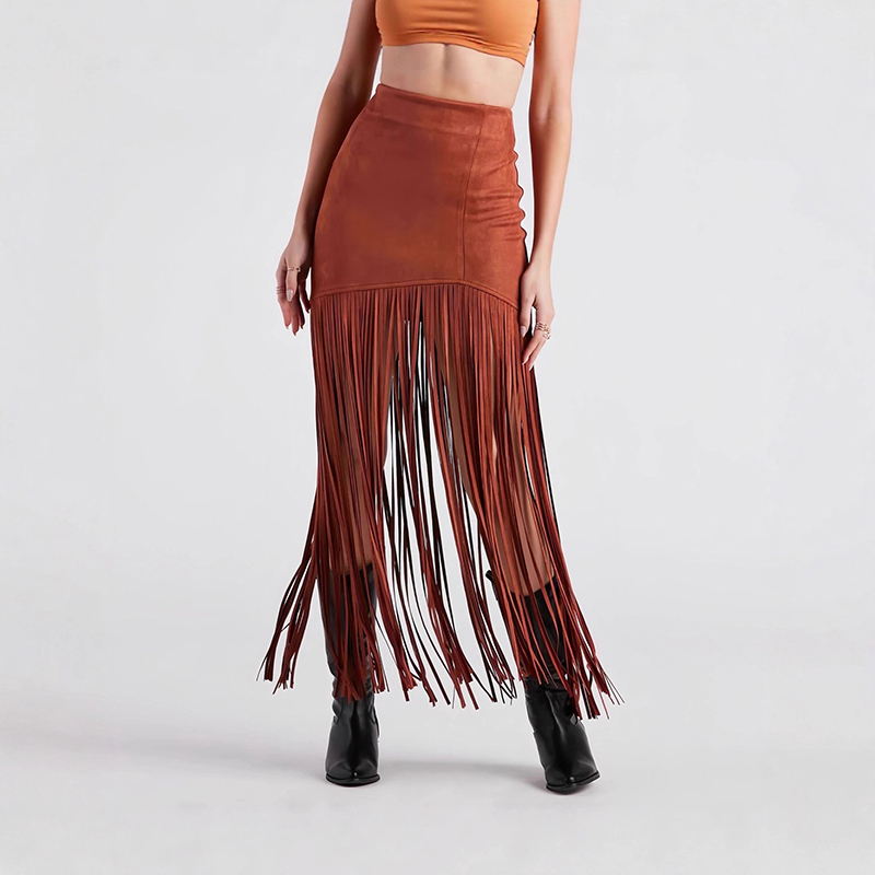 Women's Suede Look Maxi Skirt With Fringe Hem, Western Bohemian Style Skirt For Spring And Summer Brick Red - Shop at LoveMi