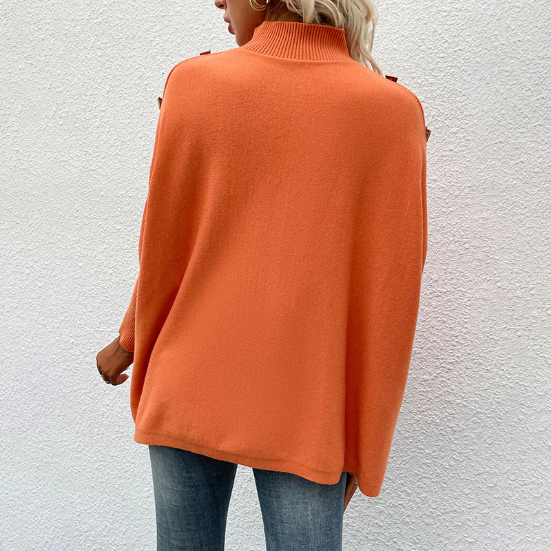 Women's Bat Sleeve Shoulder Button Turtleneck Solid Color Sweater