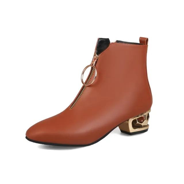 Women's Autumn Side Zipper Square Mid heel Ankle Boots Brown - Shop at LoveMi