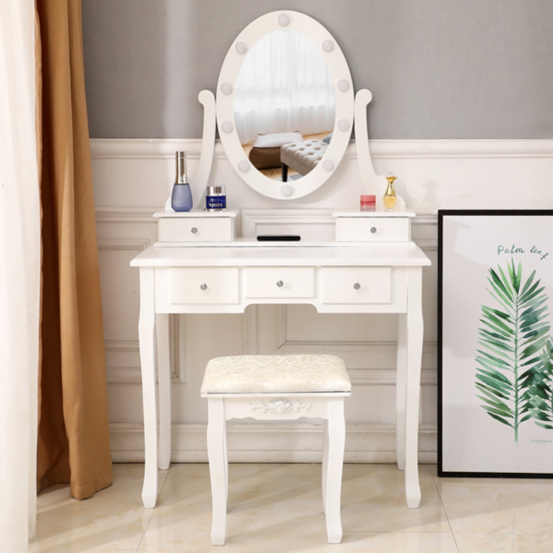 With Light Bulb Single Mirror 5 Drawer Dressing Table White 6