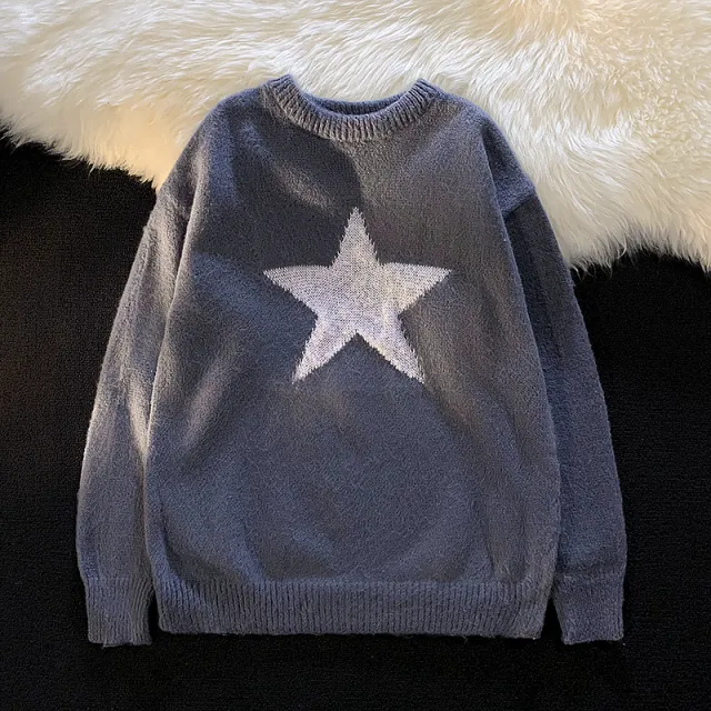 Autumn Star Print Round Neck BF Pullover Sweater Dark Grey - Shop at LoveMi