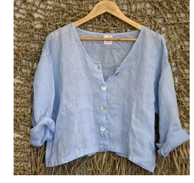 Summer Cardigan Solid Color V neck Loose Long Sleeves Blue - Shop at LoveMi