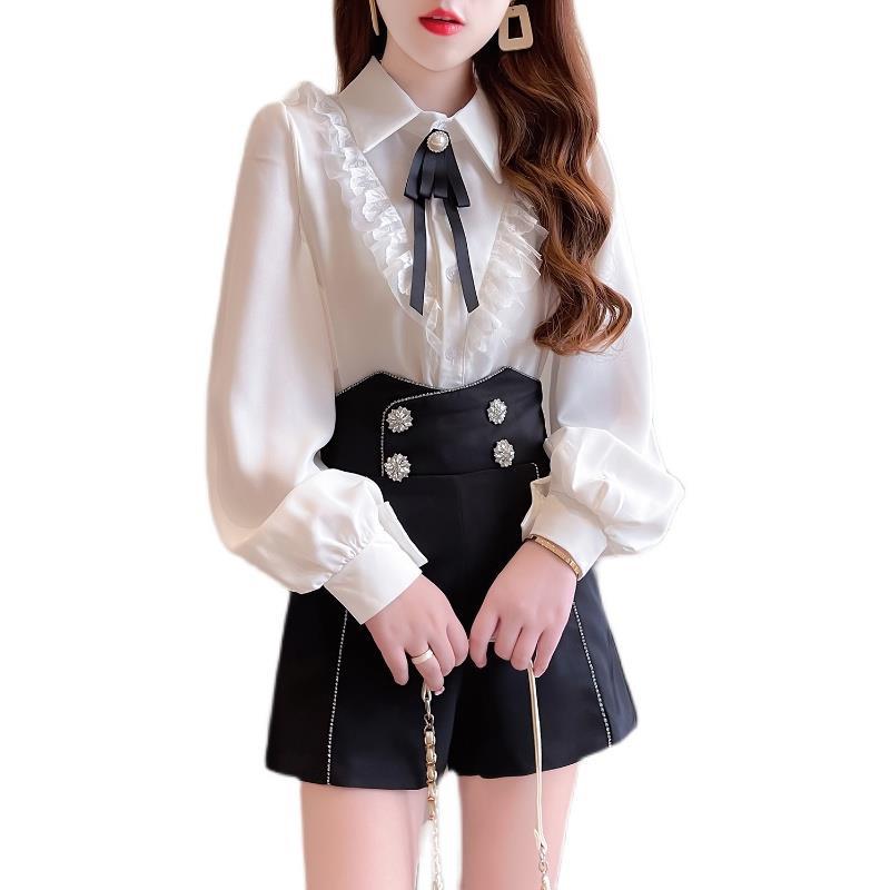 Women's Temperament Chiffon Shirt Heavy Industry Nail Drill Wide Leg Pants Suit