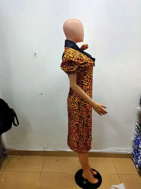 New Color Matching Leopard Print Fat Woman Fat Lady Puff Sleeves
