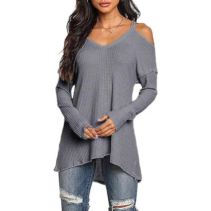 Off-the-shoulder V-neck T-shirt Top Bottoming Shirt - Grey
