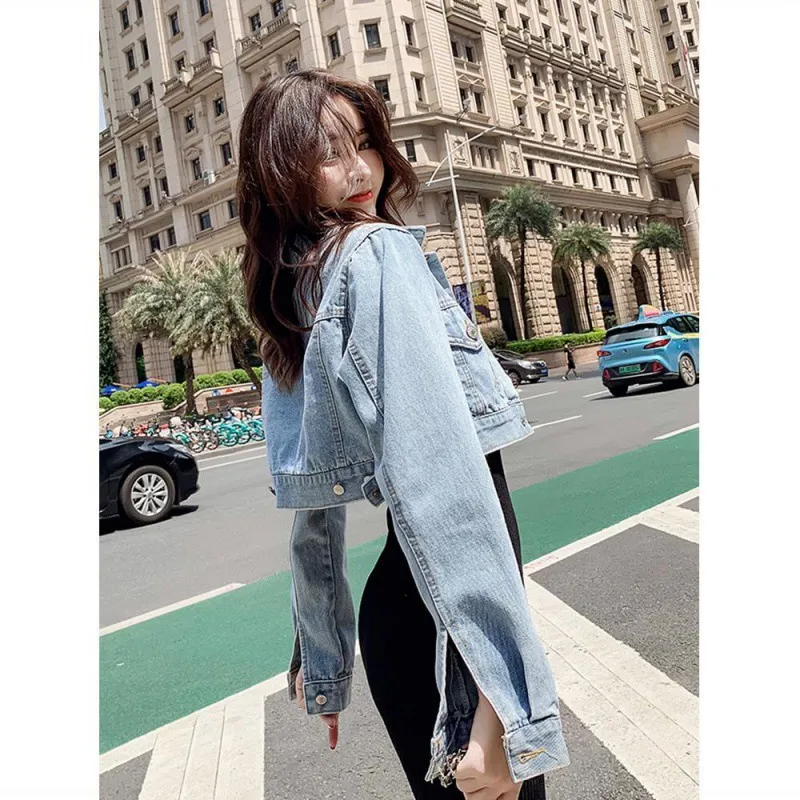 Women's Cropped High Waist Denim Jacket - Blue