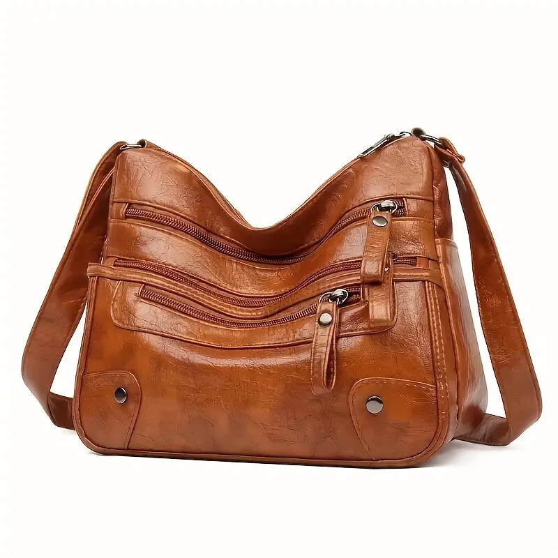 Women Shoulder Bag Large Capacity Washed Leather Messenger Bags Multi Zipper - Picture 7 of 8