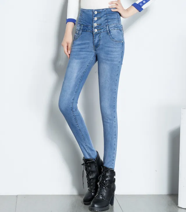 New High Waist Slim Fit Thin Stretch Women's Jeans Light Blue - Shop at LoveMi