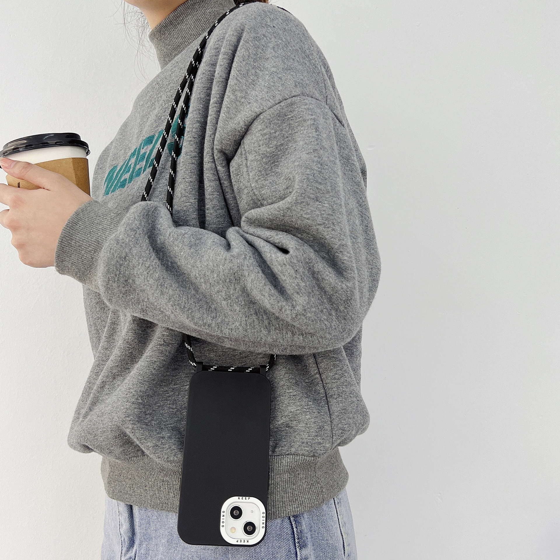 Diagonal Strap Black Phone Case Solid Color Protective Cover - Image 3