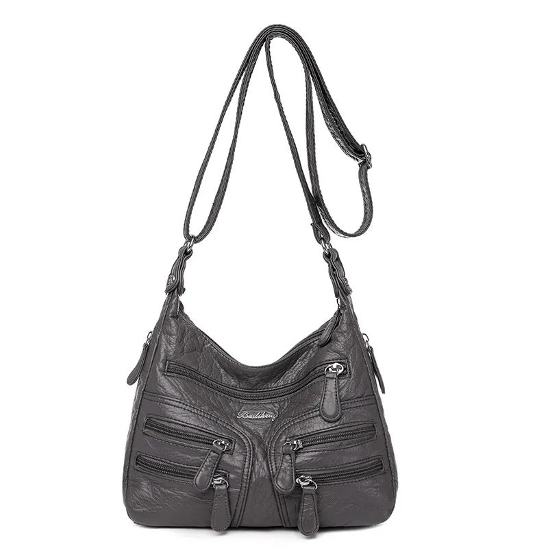 Washed Sheepskin Multi-pocket Women's Shoulder Crossbody Bag - Grey