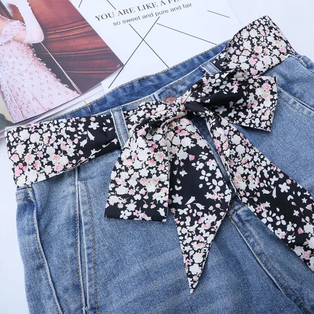 Fashion Women's Ribbon Belt With Skirt Chiffon Thin Narrow Long Small Scarf Black Floral - Shop at LoveMi