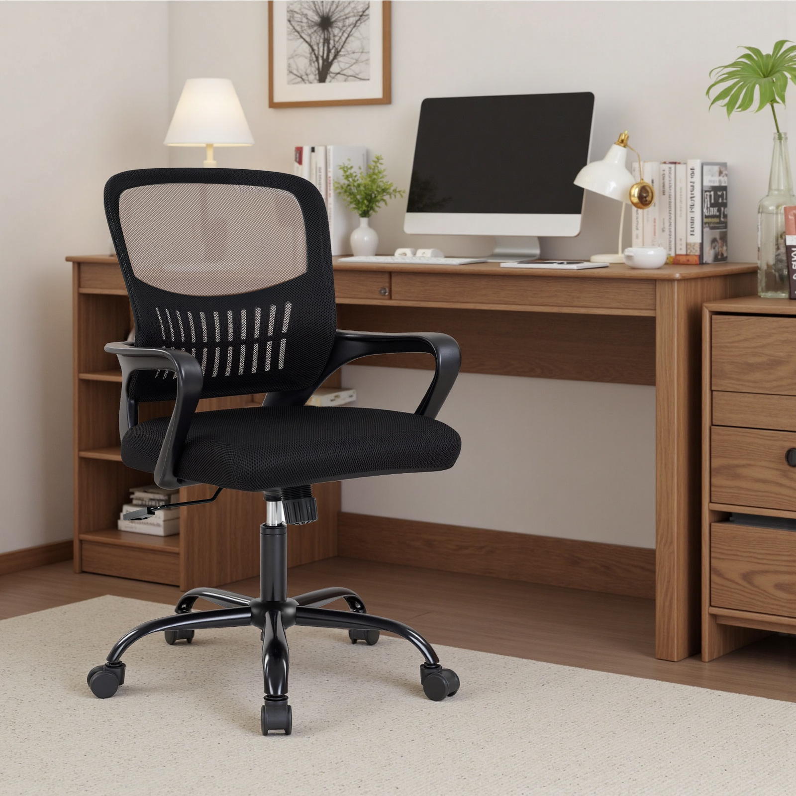 The Adjustable Rotating Back-style Computer Desk And Chair Not Only Offers Comfortable Lumbar Support But Also Comes With Comfortable Armrests.