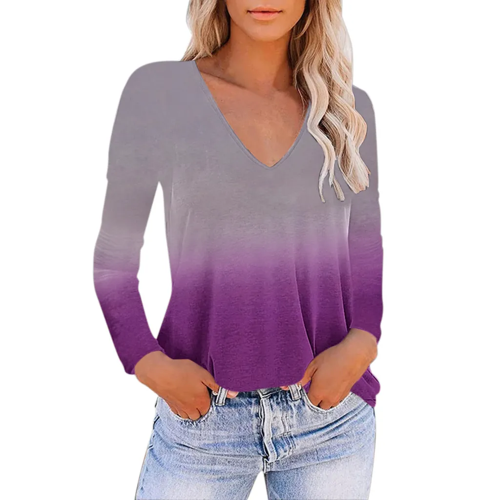 European And American Women's V-neck Gradient Print Loose T-shirt - Fuchsia-L