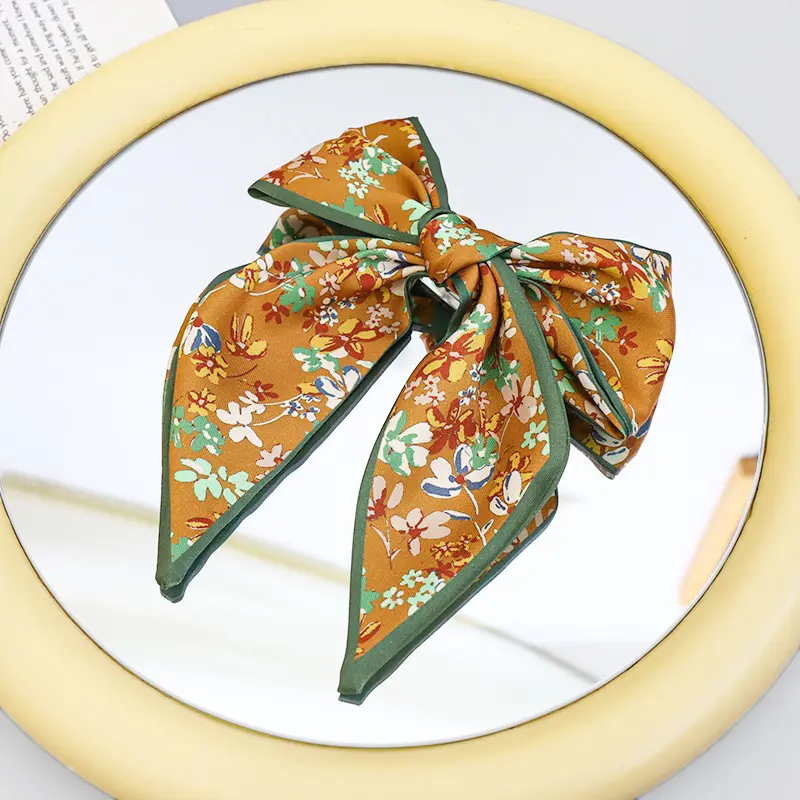 Printed Fabric Bow Ponytail Spring Clip Ladies